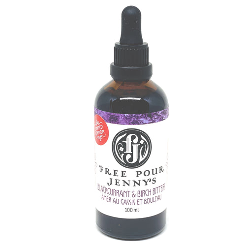Free Pour Jenny's Blackcurrant & Birch Bitters, Yukon, alcohol bitter, bar bitters, cocktail, handcrafted, handmade, small batch, harvesting, black currant, currants, made in Canada, home bar, bartender