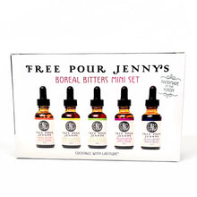 Load image into Gallery viewer, Five miniature bottles of Free Pour Jenny's bitters from the Yukon Territory, contained in the new Boreal Bitters Mini Set. Perfect for gifting. Orange, Labrador Tea & Lime, Fireweed, Spruce Tip, Solstice. wild foraged, home bar, gift ideas, small batch, gift set, bartender, handmade, cocktails, recipes