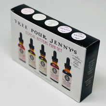 Load image into Gallery viewer, View top &amp; side of box. Five miniature bottles of Free Pour Jenny&#39;s bitters from the Yukon Territory, contained in the new Boreal Bitters Mini Set. Perfect for gifting. Orange, Labrador Tea &amp; Lime, Fireweed, Spruce Tip, Solstice. wild foraged, home bar, gift ideas, small batch, gift set, bartender, handmade, cocktails, recipes
