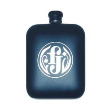 Load image into Gallery viewer, Free Pour Jenny&#39;s branded pocket flask, matte black flask, logo, merchandise, branded merch, barware, travel, whisky, bourbon, gin, whiskey, rum, spirits, bartender, homebar, Yukon Territory, gift ideas
