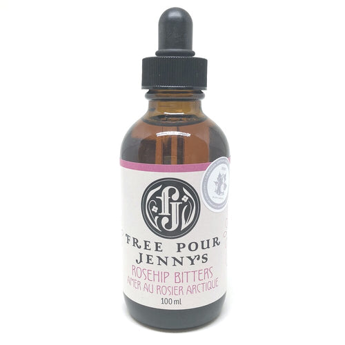 Free Pour Jenny's Rosehip Bitters, award winning, Yukon made, alcohol bitter, bar bitters, cocktail, handmade, haravesting rose hips, roses, wild rose, small batch, wild foraged