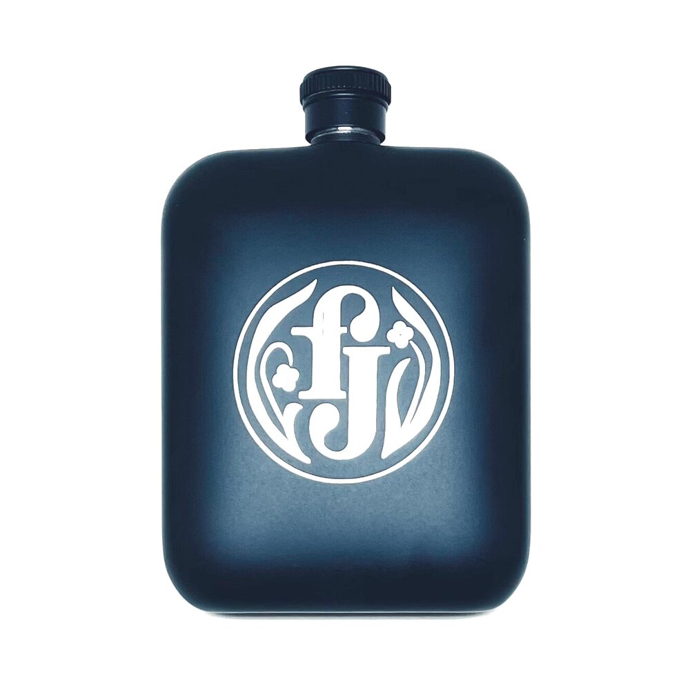 Free Pour Jenny's branded pocket flask, matte black flask, logo, merchandise, branded merch, barware, travel, whisky, bourbon, gin, whiskey, rum, spirits, bartender, homebar, Yukon Territory, gift ideas
