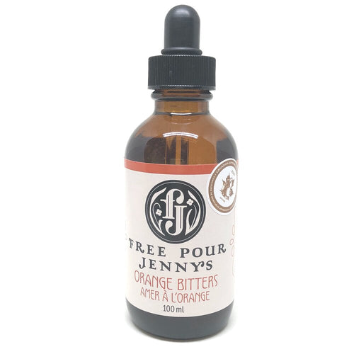 Free Pour Jenny's award-winning Orange Bitters, made with wild harvested spruce tips from the Yukon Territory, and organic orange peels, small batch, handcrafted, made in Canada, 