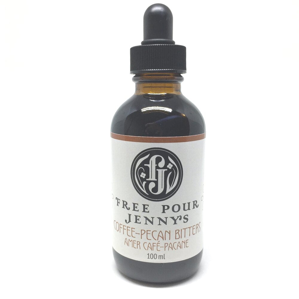 Free Pour Jenny's Limited-Edition Coffee-Pecan Bitters, alcohol bitter, bar bitters, cocktail, handcrafted, small batch, home bar, bartender, Yukon Territory, made in northern Canada, coffee